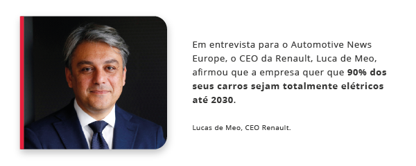 O CEO da Renaut afirma que a empresa deseja que 90% dos seus modelos sejam de carros elétricos até 2030.