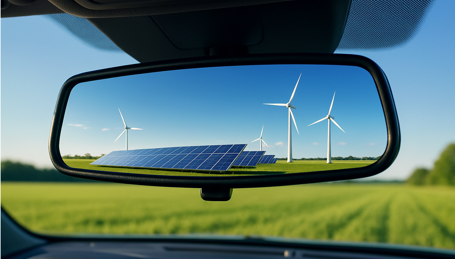 Vista pelo retrovisor de um carro mostrando painéis solares e turbinas eólicas em um campo verde sob céu azul, simbolizando energia limpa e sustentável.